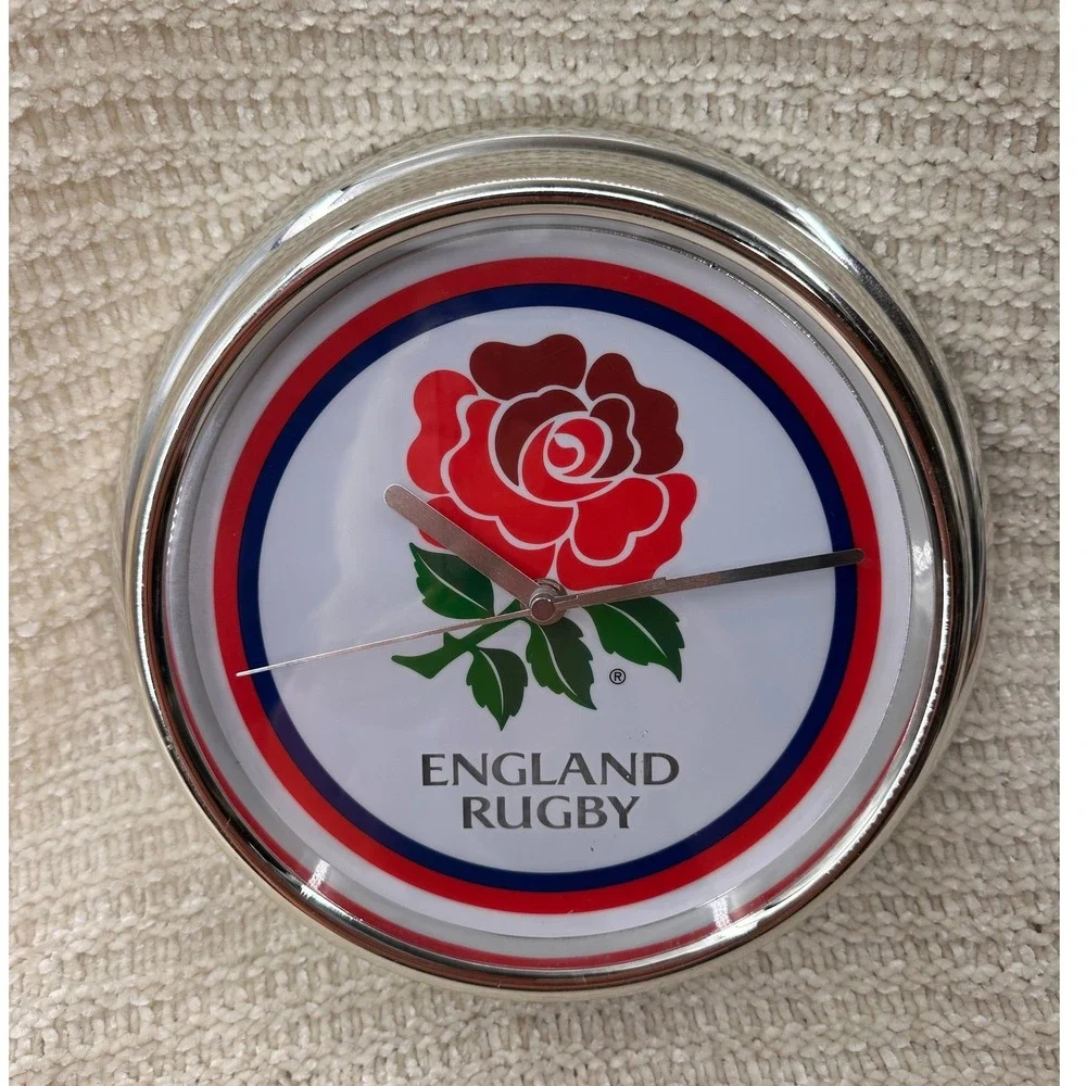 England Rugby Clock Wesco Red Rose Logo 12 Inch Silver Chrome Sports Decor 2007